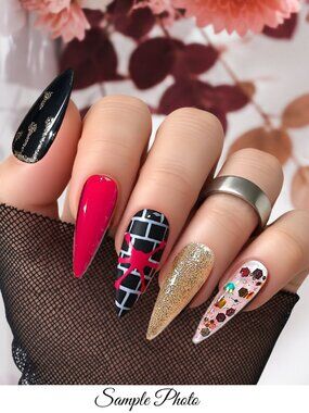 Long Stiletto Vampire Halloween Press-On Nails | Black, Red & Gold Glitter